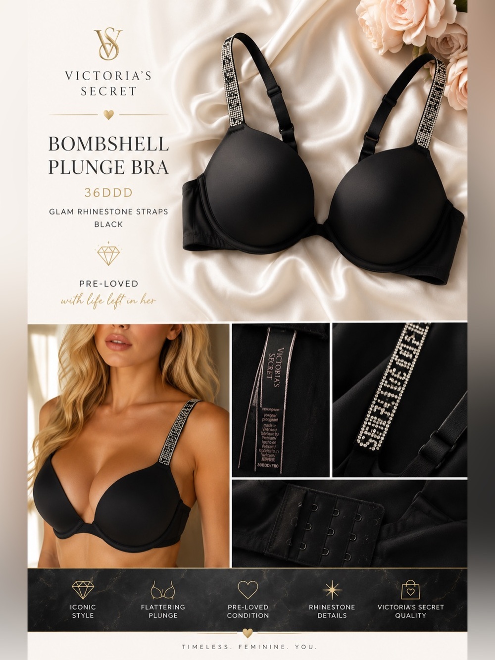 Victoria's Secret Black Bombshell Plunge Bra with Rhinestone Straps